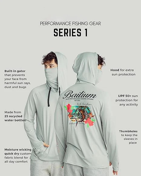 UPF 50+ Mens Long Sleeve Fishing Shirt With Mask UV Sun Protection Neck Gaiter Lightweight Fishing Hoodie