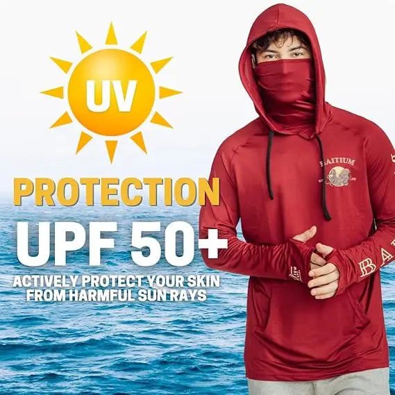 UPF 50+ Mens Long Sleeve Fishing Shirt With Mask UV Sun Protection Neck Gaiter Lightweight Fishing Hoodie